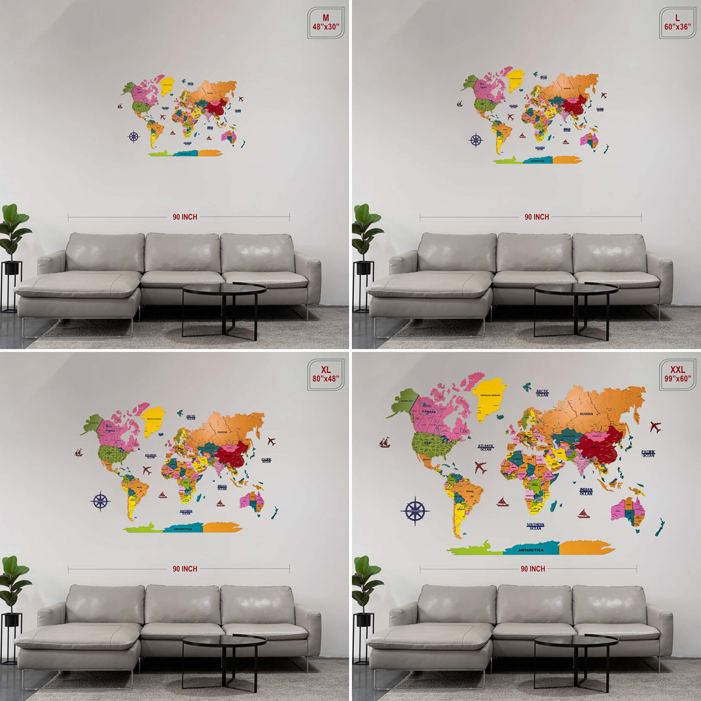 3D Colorful Wooden World Map for wall | Wooden world map wallart | Map of World |