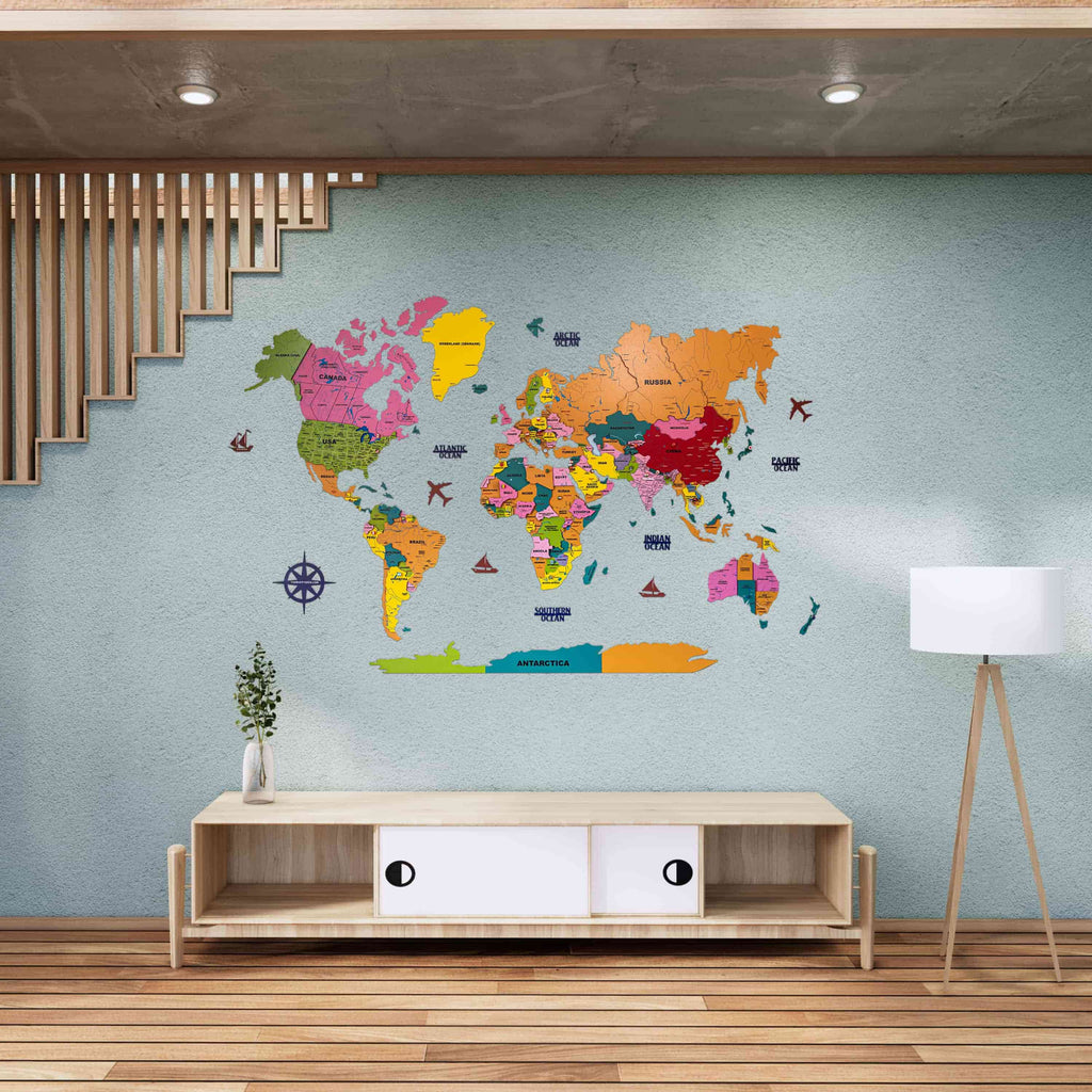 3D Colorful Wooden World Map for wall | Wooden world map wallart | Map of World |