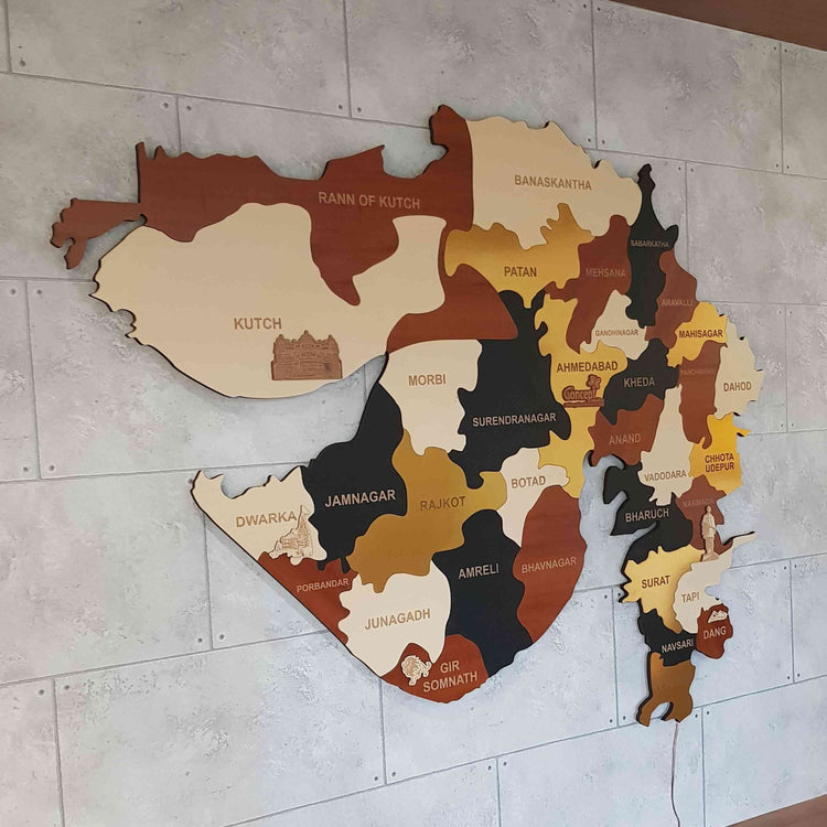 Multicolored Gujarat Wooden Map for wall | Wooden Gujarat map wallart | Map of Gujarat |