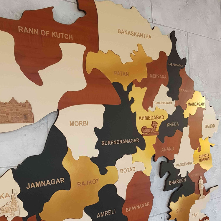 Multicolored Gujarat Wooden Map for wall | Wooden Gujarat map wallart | Map of Gujarat |